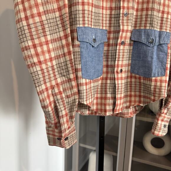 Todd Snyder SAMPLE Wool Chambray Patchwork Button Up Western LS Flannel Shirt S - Picture 3 of 5